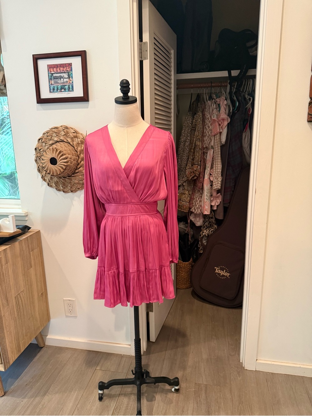 Z Supply Pink Satin Wrap-Style Long Sleeve Mini Dress